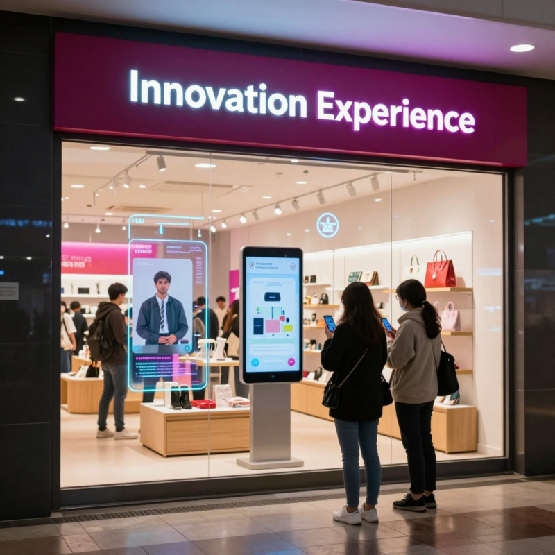 A physical store front, but with a clear integration of digital elements. For example, a window display that uses AR or holographic technology to project product previews or experiences that blend digital and physical retail. Customers can use their smartphones to interact with these projections or shop using touchless, AI-assisted technology. The store could have vibrant neon accents with your brand's signature color.